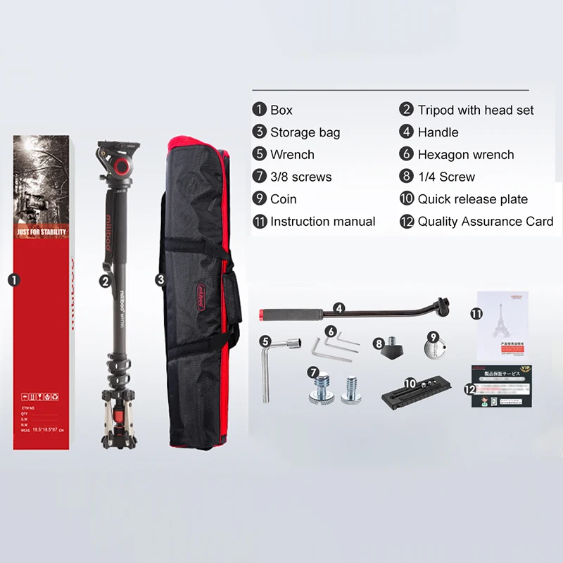 Miliboo MTT705 supporto per videocamera professionale per videocamera con testa di trascinamento fluida per DSLR, viaggio per videocamera carico 10kg