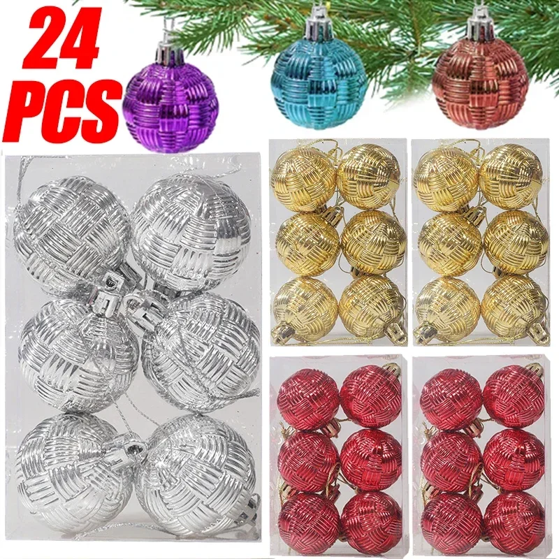 

12/24pcs Christmas Balls Woven Textured Decorative Ball Xmas Tree Pendant Hanging Ornaments Party Decoration Props New Year Gift
