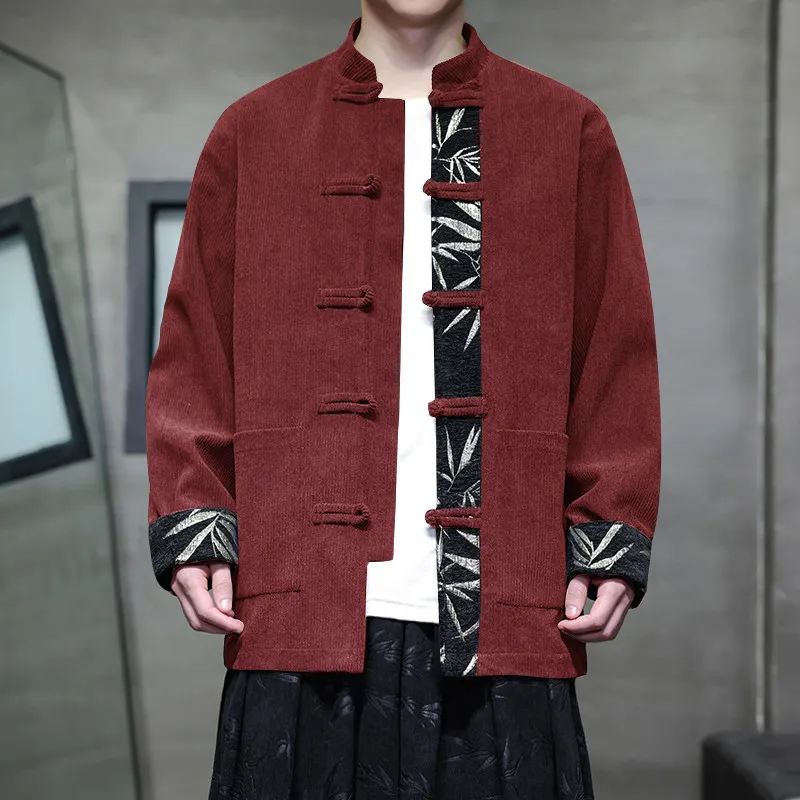 

Retro Patchwork Color Corduroy Long Sve Jaet Loose Fit Men's Sle Autumn Winter Chinese Hanfu Large Size Outerwear