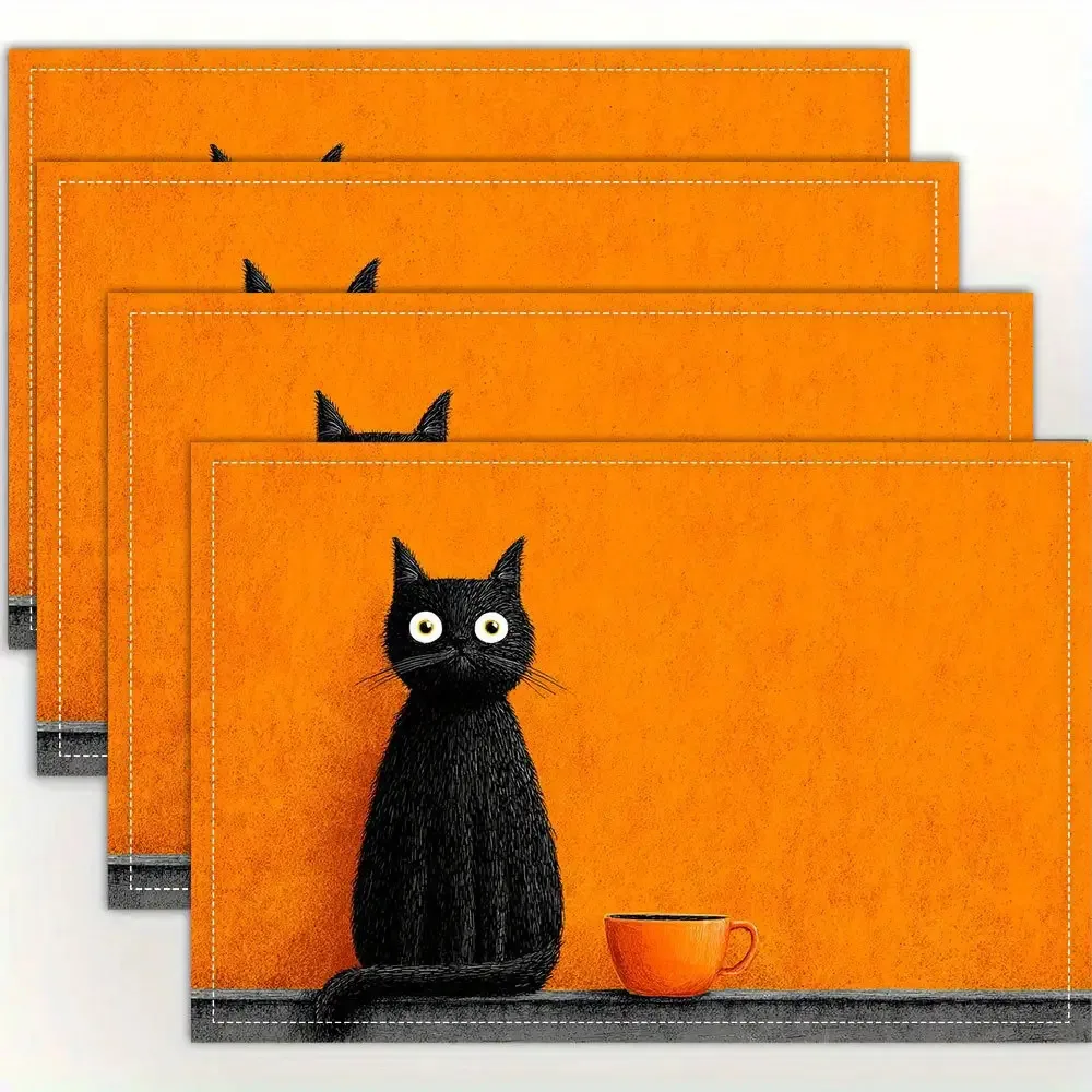 Modern Black Cat and Orange Cup Placemats, Stylish Printed Pattern Table Mats, Suitable for Dining Tables