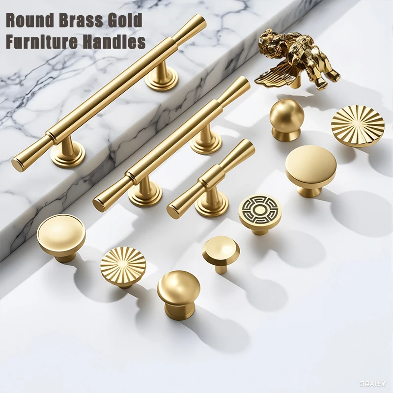 

Pure Copper Modern Single Hole Furniture Handles Gold Kitchen Bathroom Shoe Cupboard Wardrobe Drawers Cabinet Door Pulls Brass