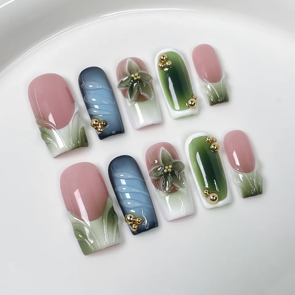10 Uñas Postizas Hechas a Mano con Flores Verdes 3D, Francesas, Adhesivas 3