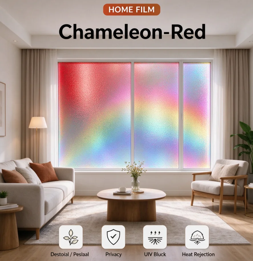 PET Chameleon Red One Way Vision Glass Film Roll UV Block Heat Insulating Privacy Window Tint Easy DIY Installation Home Office