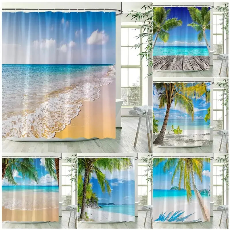 Ocean Beach Shower Curtains Tropical Coconut Tree Sea Waves Hawaiian Nature Landscape Polyester Fabric Bathroom Decor with Hooks