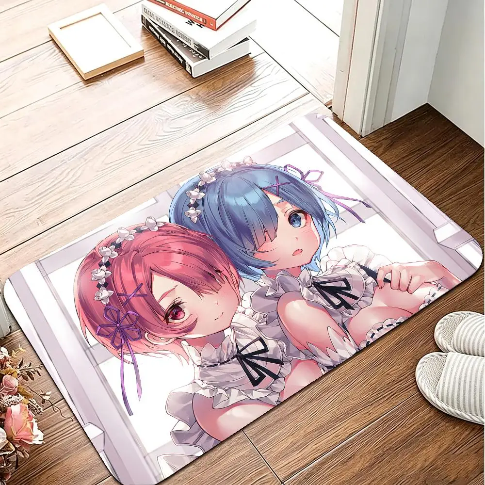 R-Rem & R-Ram Anime Floor Mat Flannel Rug Soft Non Slip Washable Door Mat For Bathroom Bedroom Kitchen Home Decor