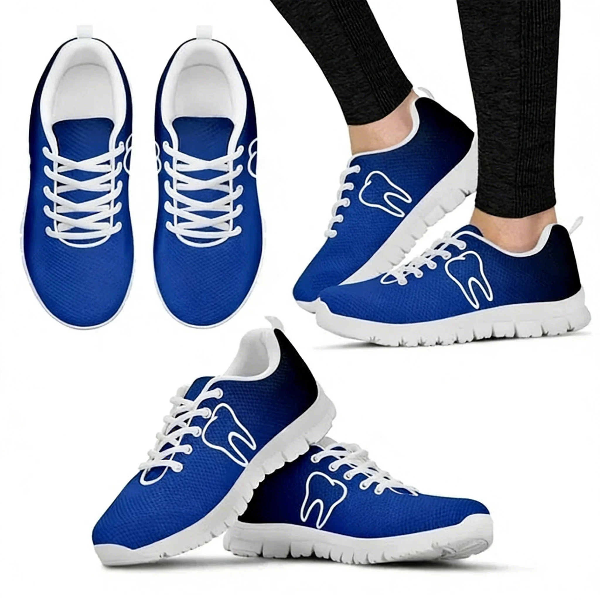 Gray Black Woman Flats Shoes Cute Tooth Print Dental Shoes Ladies Spring Lightweight Breathable Lace Up Sneaker
