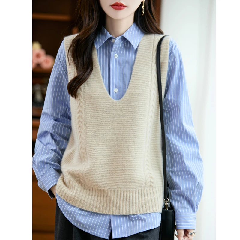 100%ピュアウール レディース 秋冬 セーターベスト 2025 ファッション Vネック ノースリーブ ニット プルオーバー ベスト 女性用 ルーズ ジャンパー トップス