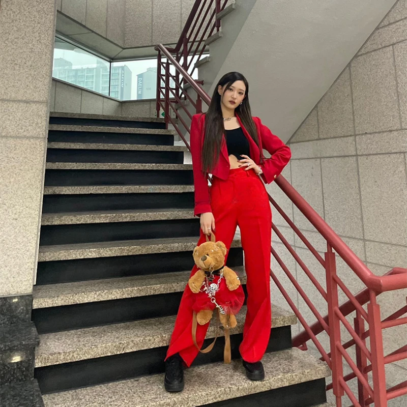 Kpop Girl Group Concert Y2k Clothing Women Sexy Red Short Jackets Black Slim Vest Loose Straight Wide Leg Trousers Stage Outfits