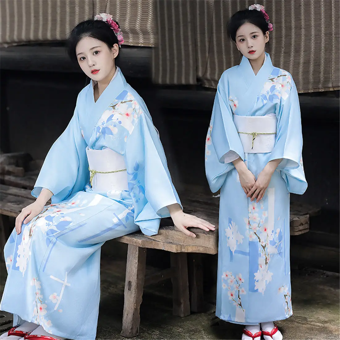 

Japanese Women Traditional Kimono National Flower Print Kimono Robe Traditional Kimono Yukata Blue Photography Clothing