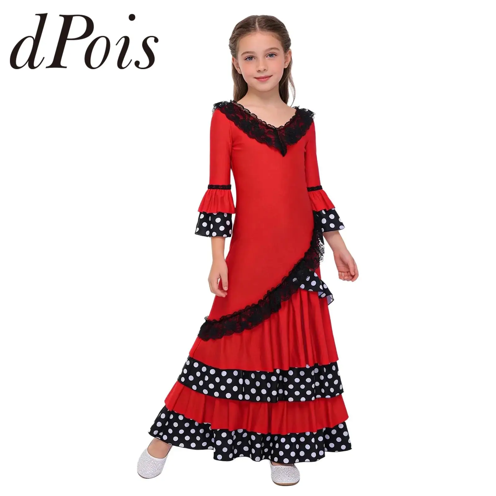Bullfight Festival Dress Children Flamenco Costumes Girl Spanish Flamenco Dance Dress Stage Performance Lace Trim Carnival Dress