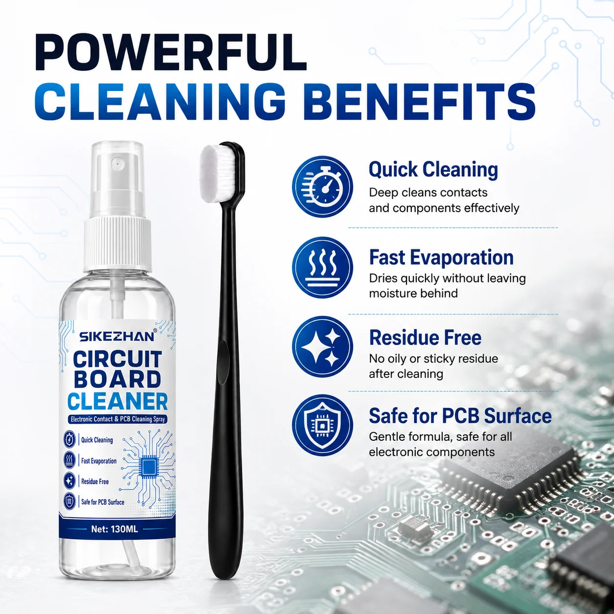 130ml PCB Cleaner and Brush Set, Quick-Drying Electronic Contact Cleaning Spray for Circuit Boards, Chips and Connectors