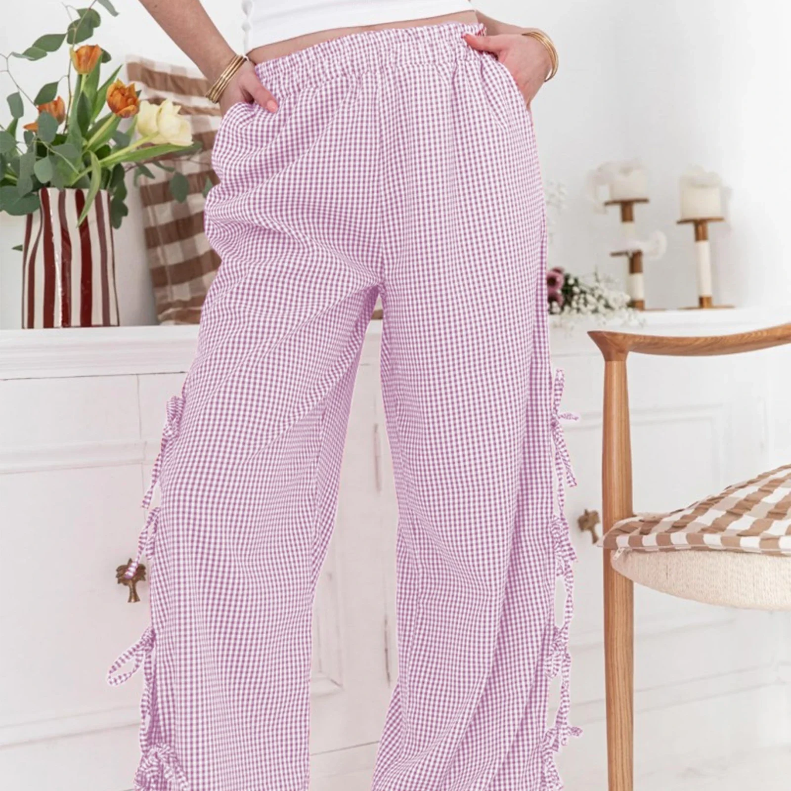 

Retro High Street Casual Tie Side Lounge Pants Plaid Loose Wide Leg Pants For Women Y2k Hip-hop Cargo Grunge Baggy Trousers