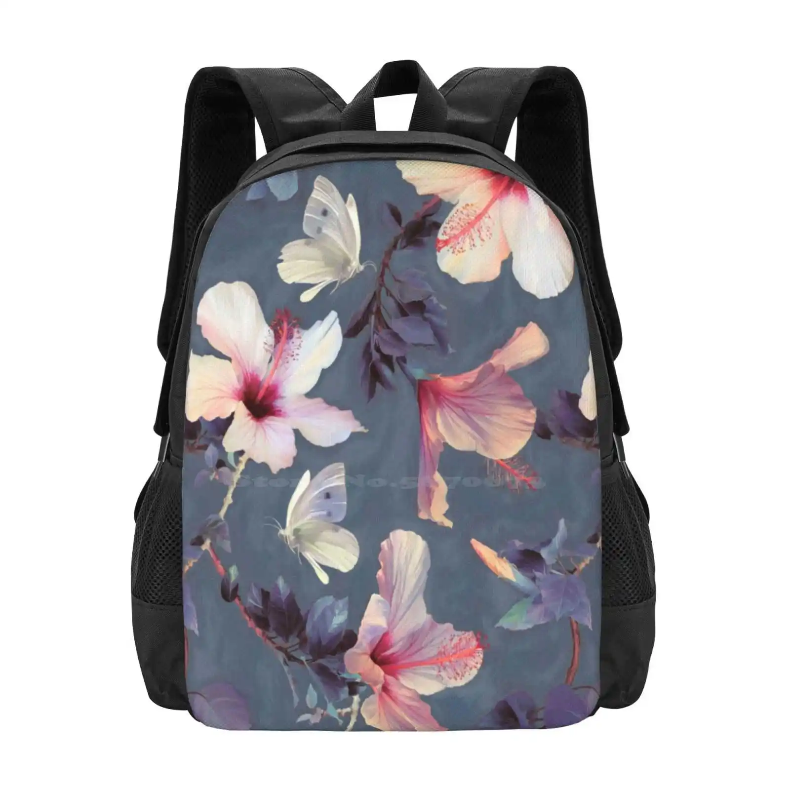 Butterflies And Hibiscus Flowers - A Painted Pattern Pattern Design Bag Student'S Backpack Floral Flowers Hibiscus Blooms