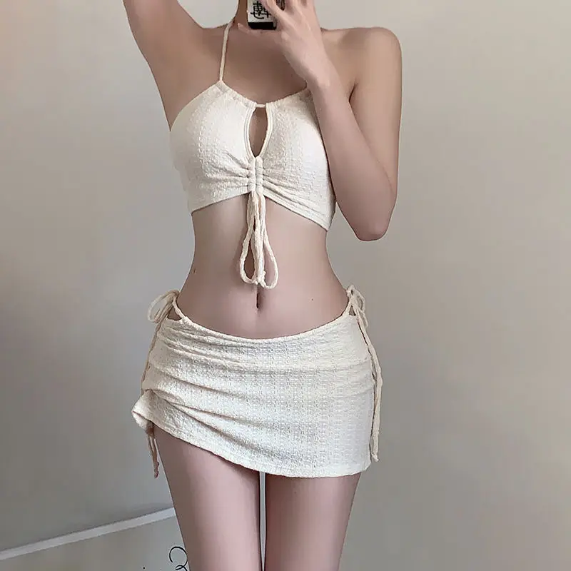 KPOP Fashion Style Harajuku Kawaii Aesthetic Sexy Bikinis Sleeveless Hollow Out Loose High Waist Women\'s Three Piece Swimsuit