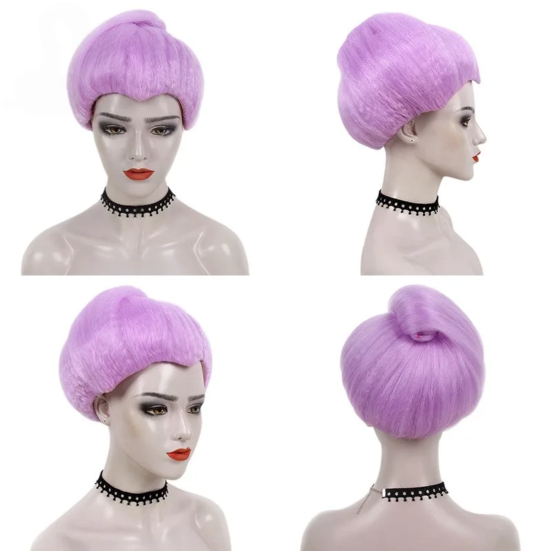 Hellviolette, flauschige, runde Hochsteckfrisur-Perücke mit Knoten, glatt, seidig, glänzend, ordentlicher Pony, Vintage-Retro-Mode, synthetische Perücke – Detail 9