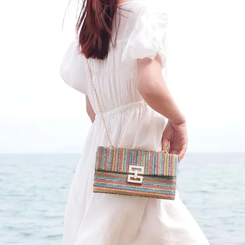 Woven Wicker Rattan Envelope Clutch Handbags for Women Boho Summer Beach Hand-Woven Straw Purses Ladies Shoulder Messenger Bags