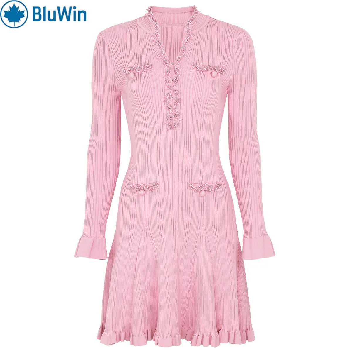 

BluWin New Arrival Beaded Knit Bodycon Dress Women Long Sleeve Round Neck Slimming Fit Fall Spring