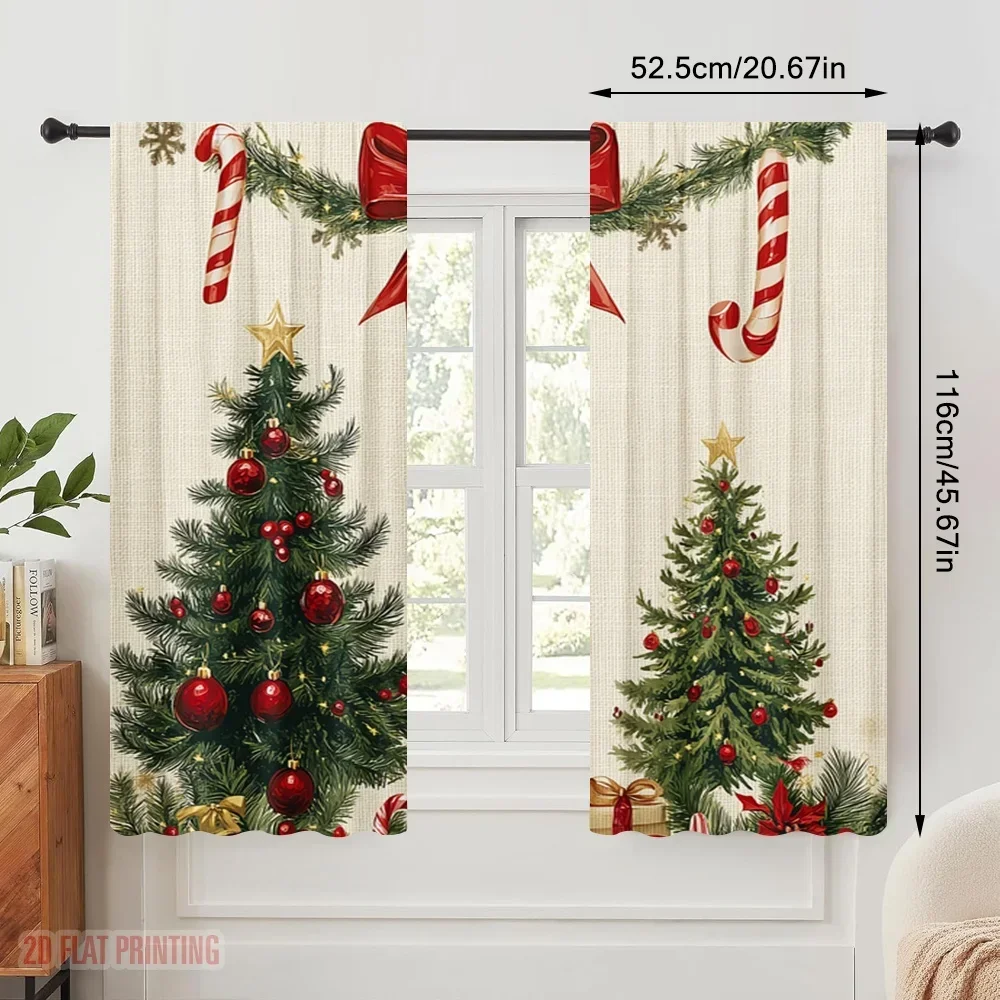 Christmas Holiday Window Curtain Festive Xmas Tree Garland Red Bow Seasonal Home Decor Curtain Panel