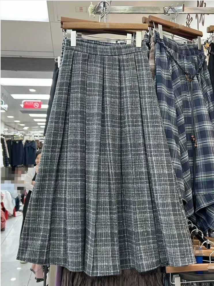 High Waist Plaid Woolen Midi Skirt Women's A-Line Half-length Bicolor Vintage Style Casual High Waist Pleated Skirt