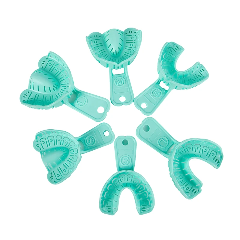 6 Pcs/Set Dental Implant Tray Green Plastic Impression Tray Teeth Whitening Full Mouth Removable Partial Mold Tray Tooth Holder