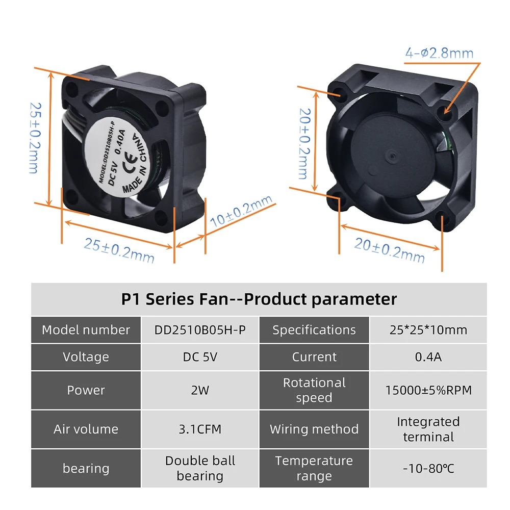 Nova chegada p1 x1 mini ventilador 5v 15500 rpm/min 2510 refrigerador de refrigeração de extremidade quente para bambu laboratório p1 x1 impressora 3d hotend aquecedor cerâmico