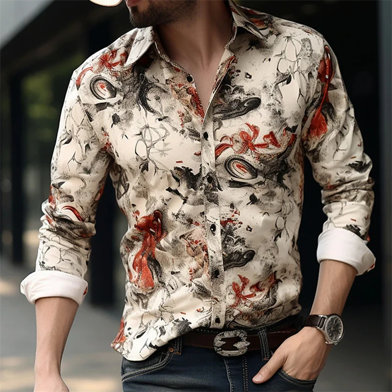 Men\'s shirt summer long sleeve color block lapel outdoor street buttoned clothing fashionable casual breathable and comfortable