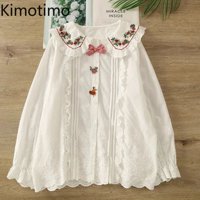 Kimotimo Japanese Lolita Blouse Women Mori Girl Sweet Embroidery Peter Pan Collar Shirt Long Sleeve Ruffle Eyelet Lace Y2k Tops