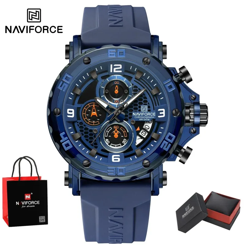 

New Style NAVIFORCE Silicone Strap Sports Chronograph Wrist watch Luxury Fashion Quartz Watch Men 5TM Waterproof Package Gifts