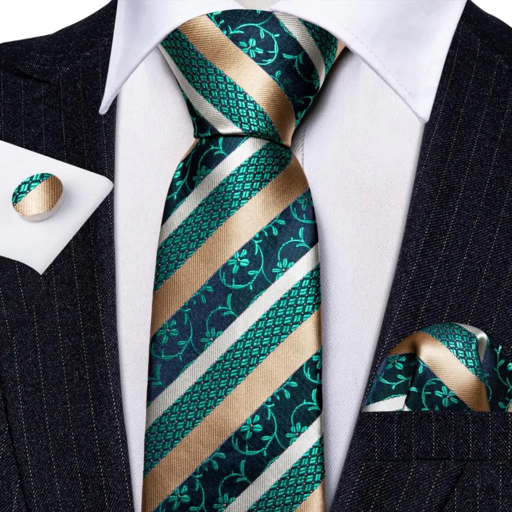 Luxury Designer Tie for Mens Green Gold Striped Silk Necktie Pocket Square Cufflinks Set Wedding Gift Corbatas Barry·Wang 6316