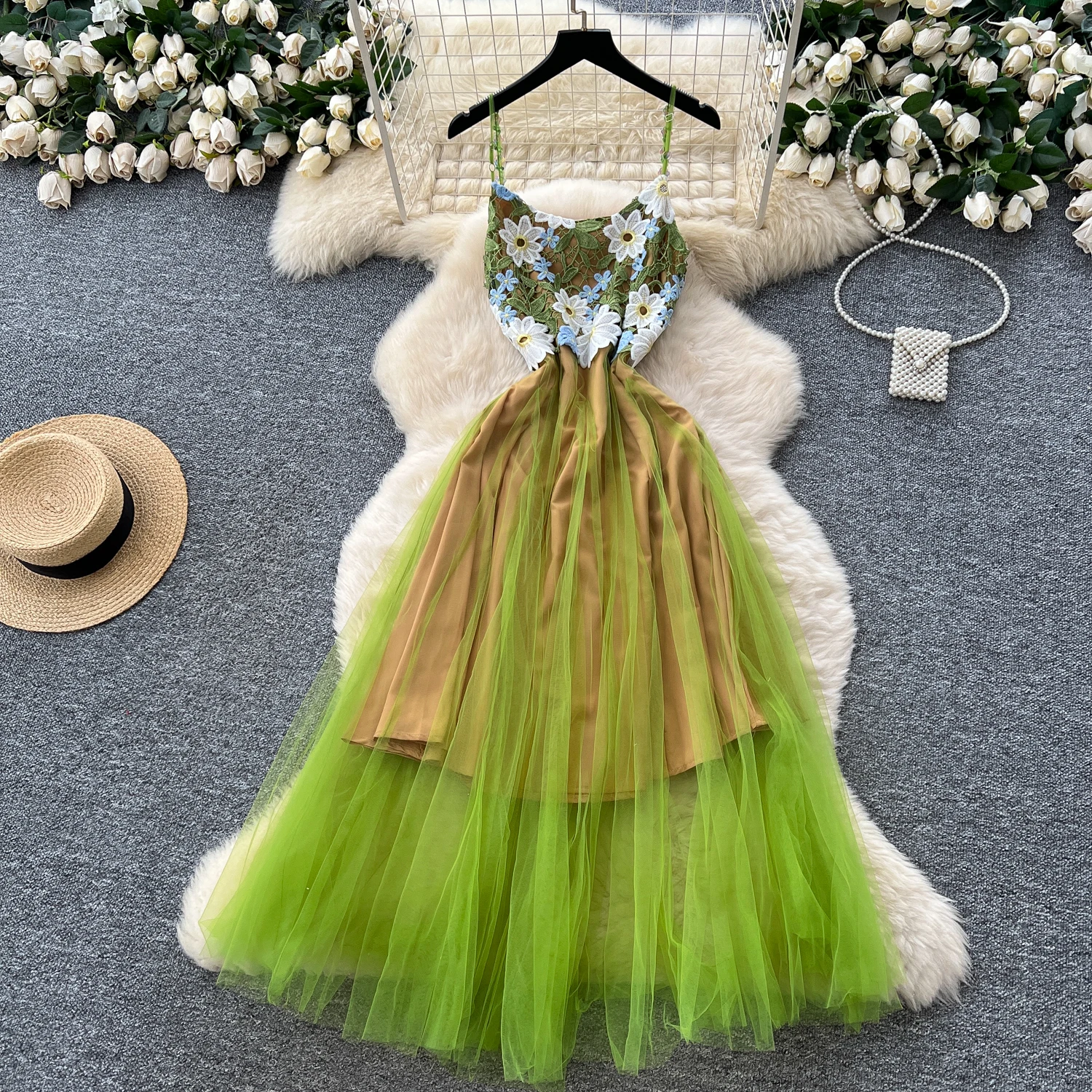 Chic vintage Sexy sleeveless lace mesh off shoulder Elegant Fairy korean fashion Boho Sundress women clothing