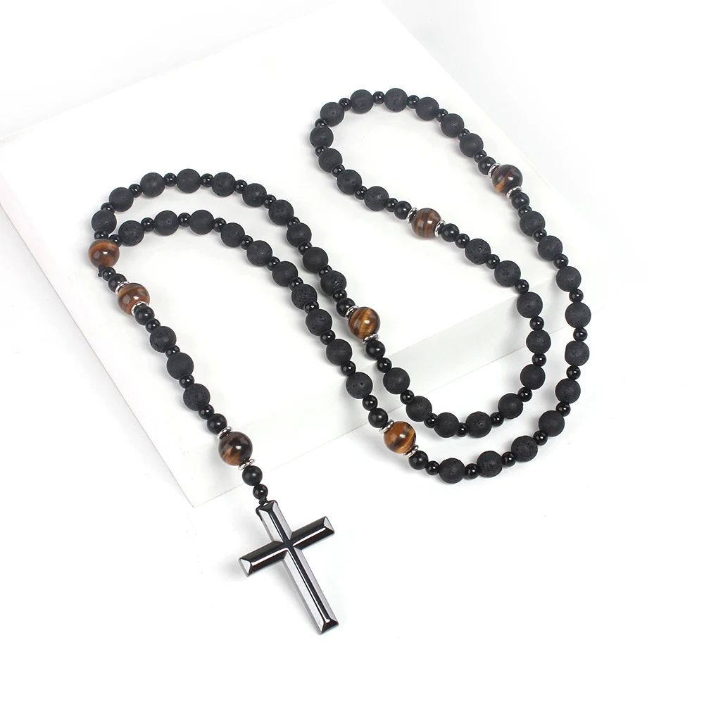 Cool Black Lava Stone Tiger-eye Beads Cross Pendant Long Necklace for Men and Women Rosary