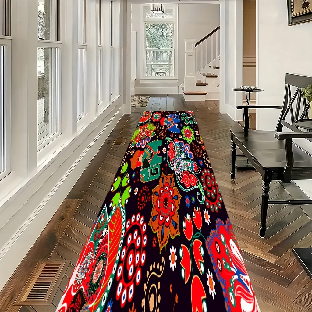 Vintage Baroque Runner Rug Mediterranean Floral Leaf Carpet For Patio Balcony Luxury Living Room Kitchen Corridor Floor Mat