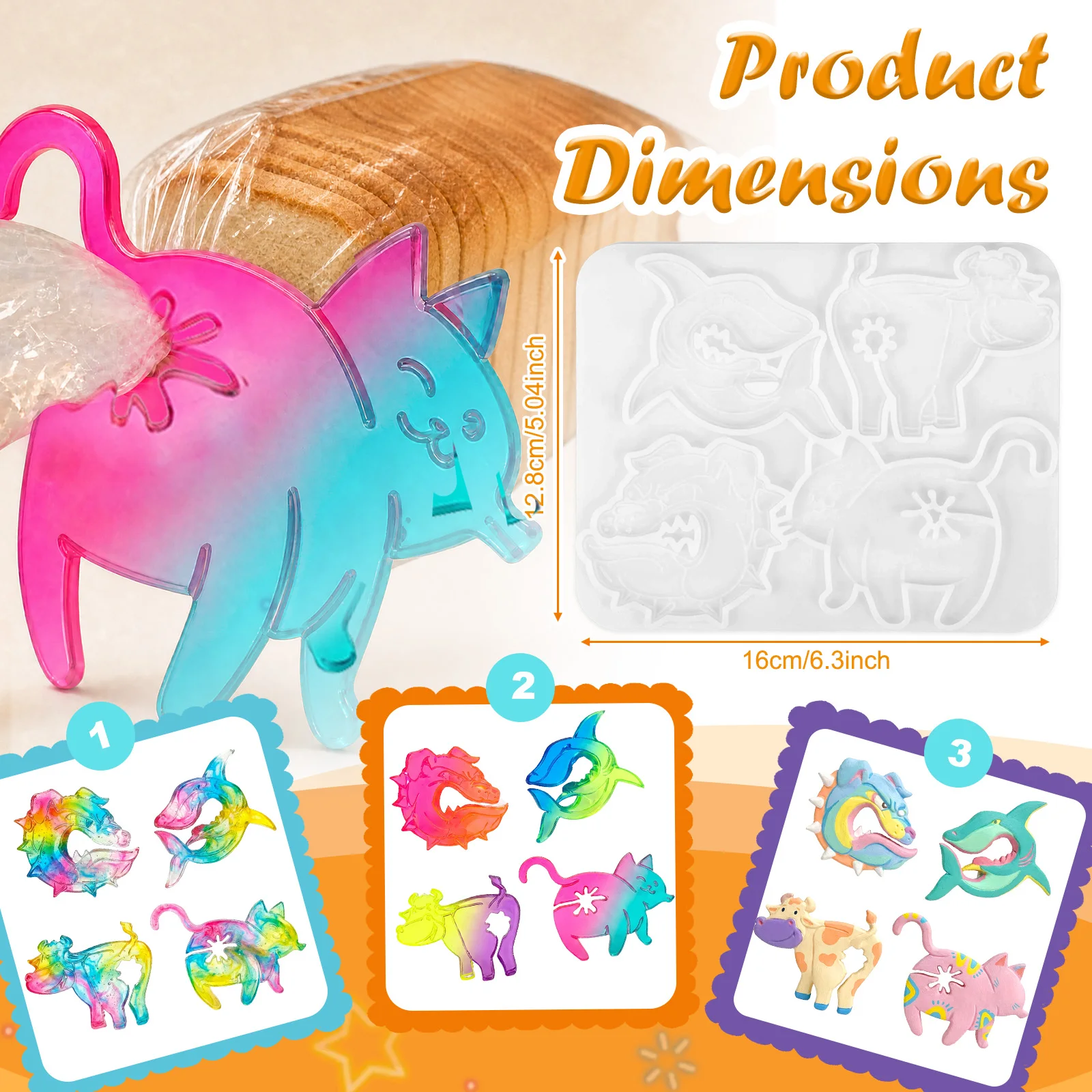 4Pcs Silicone Resin Mold Reusable Bread Bag Clip Resin Molds Funny Animal Shapes Sealing Tool Silicone Molds for DIY Crafting