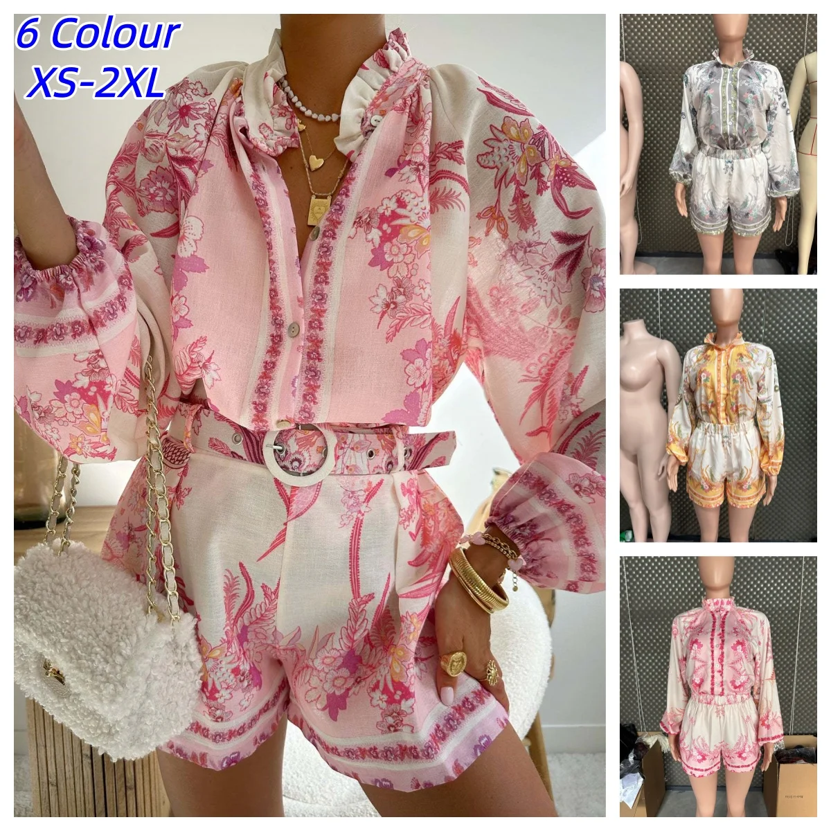 Casual Print Tops Shorts Sets Women's Loose Stand Collar Lantern Sleeve Top High Waist Short Pant Summer Vacation Suit Clothes