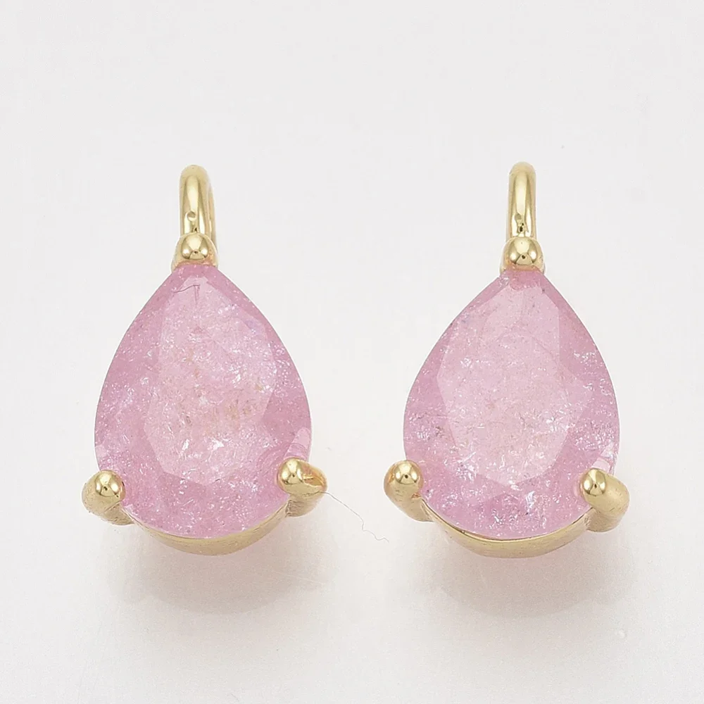 

Brass Cubic Zirconia Charms Teardrop Pink Nickel Free Real 18K Gold Plated 12x7x4.5mm Hole: 1.6mm