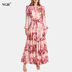 VGH Patchwork Lace Up Printing Vintage Dresses For Women Round Neck Long Sleeve High Waist Spliced Button Elegant Dress Female