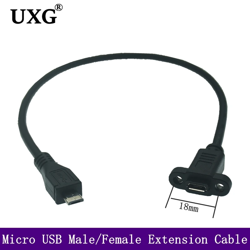 Connecteur Micro USB 2.0 mâle vers Micro USB 2.0 femelle, pas de câble d'extension 17.5mm avec vis trou de montage du panneau 25cm