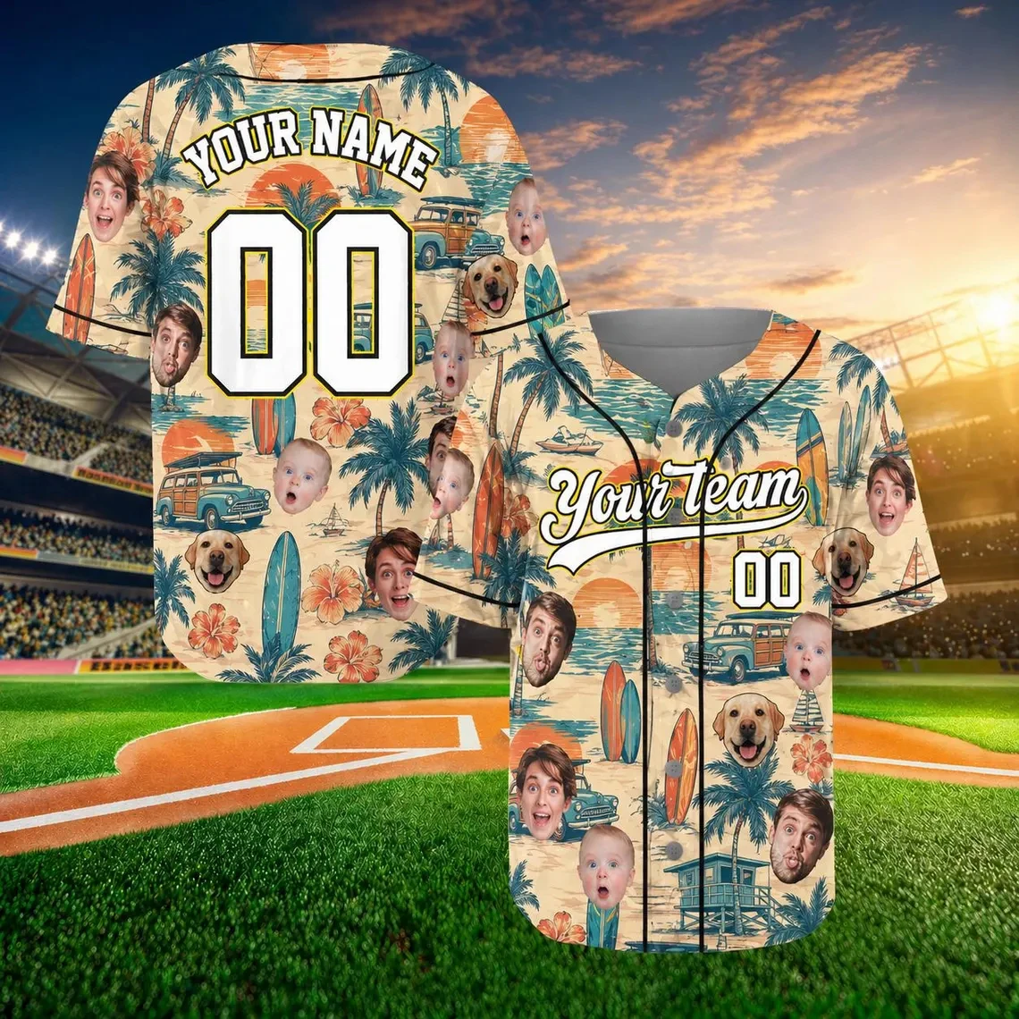 Camisa de beisebol personalizada com foto do rosto, nome do time e número, estampa 3D completa com palmeiras tropicais, uniforme de manga curta.