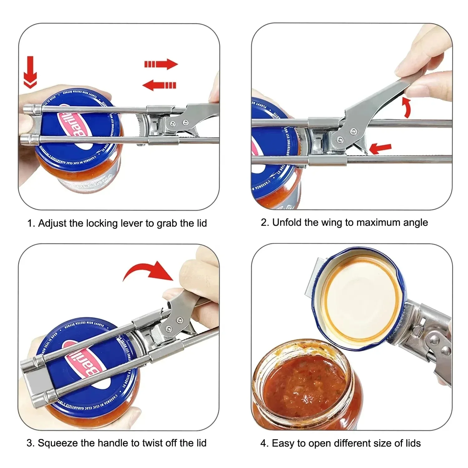 Adjustable Stainless Steel Non-Slip Multi-Functional Jar & Bottle Opener Ergonomic Heavy Duty Kitchen Tool