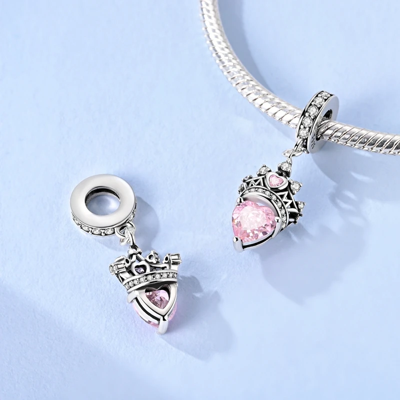 

925 Silver Pink Zircon Charms Bead Crown Pendants Fit Original Bracelet Women Lover Jewelry Gifts