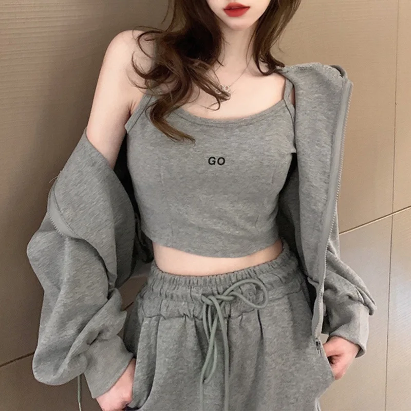 Korean 3-piece Set New Casual Sports Suit Women\'s Pants Zipper Hoodie Coat Women\'s Suspenders Sweatshirts Trouser Y2k Clothes