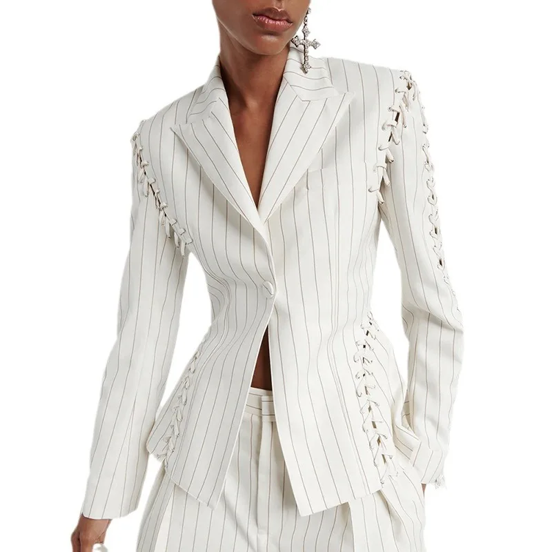 SuperAen 2024 Fashion New Heavy Industry High Waist Slim Stripe Blazer Jacket Coat for Women