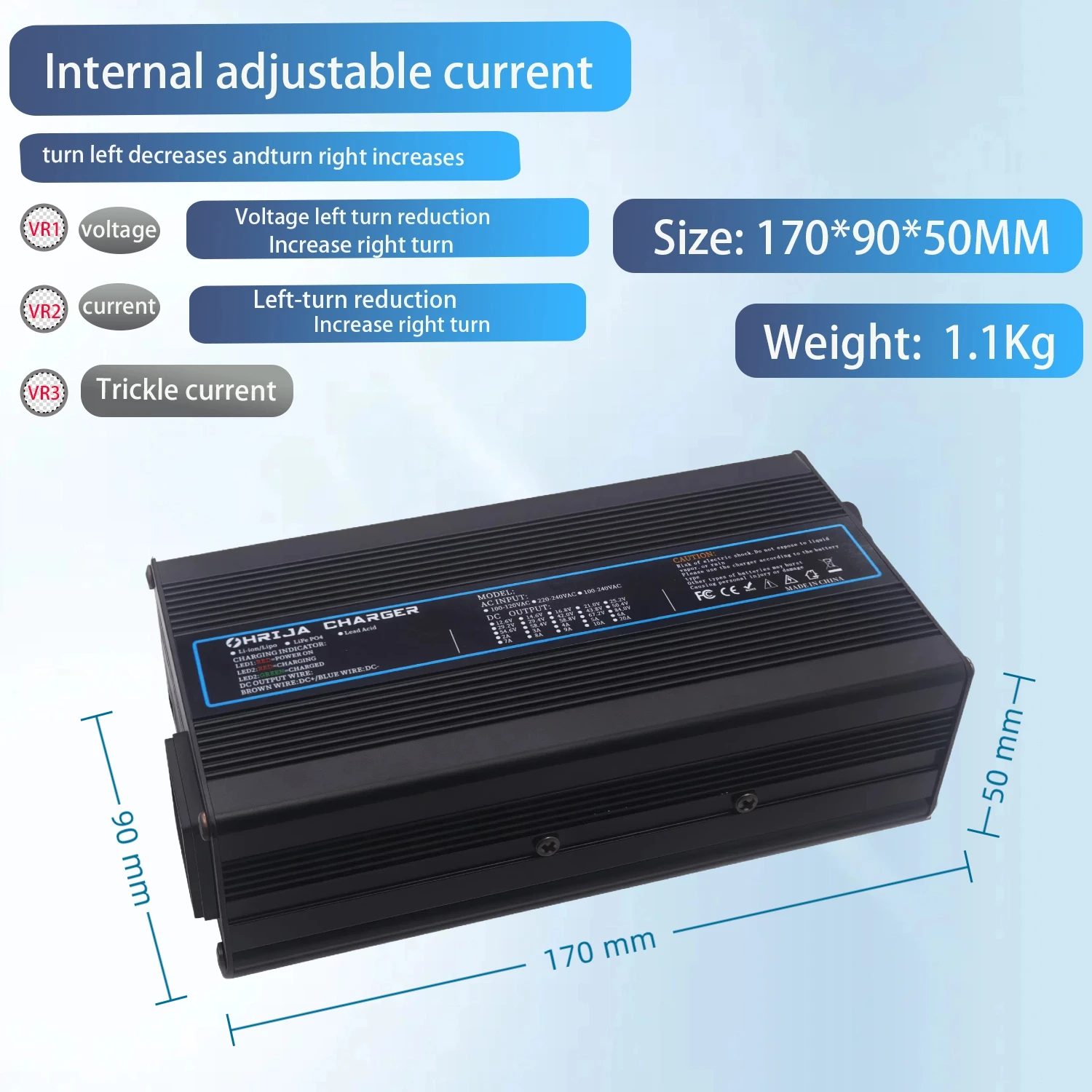شاحن 50.4 فولت 8A غلاف ألومنيوم سريع مناسب لـ 12 سلاسل 44.4 فولت شاحن بطارية ليثيوم موصل قابل للفصل التوصيل اختياري