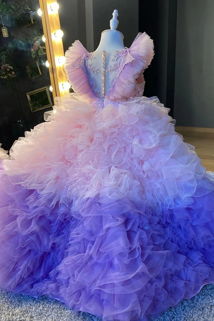 Ombre Princess Flower Girl Dresses Customized Beaded Ruffles Jewel Neck Gilrs Pageant Dress Little Kids First Communion Dress