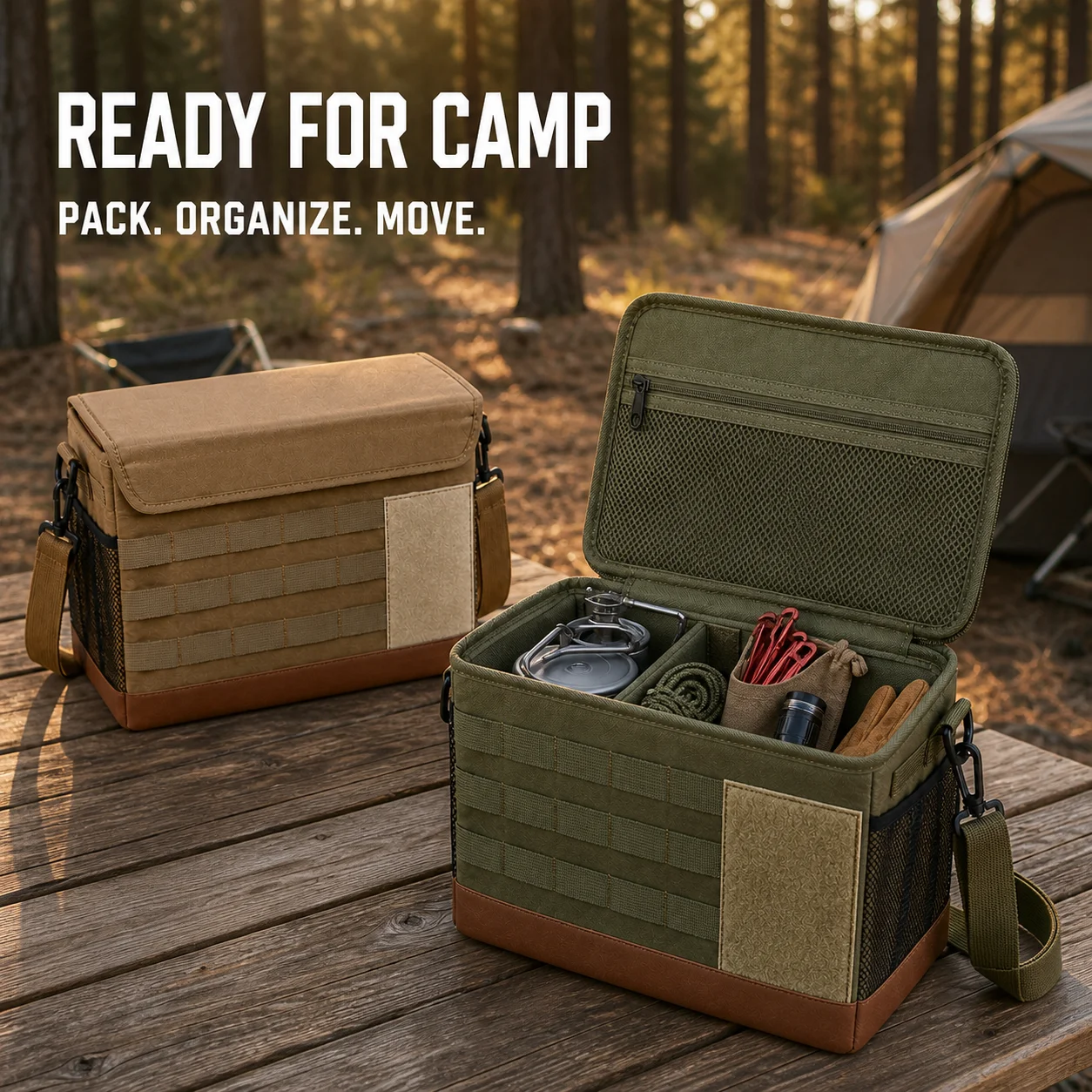 18L Foldable Tactical Storage Box MOLLE Camping Gear Organizer with Divider and Shoulder Strap