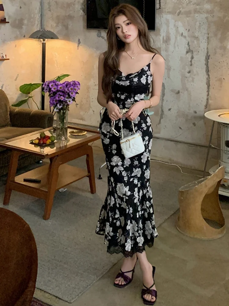 

SMTHMA 2025 New Fashion Summer Lace Hollow Spliced Floral Dress Women's Spaghetti Strap Print Mermaid Dresses Vestidos