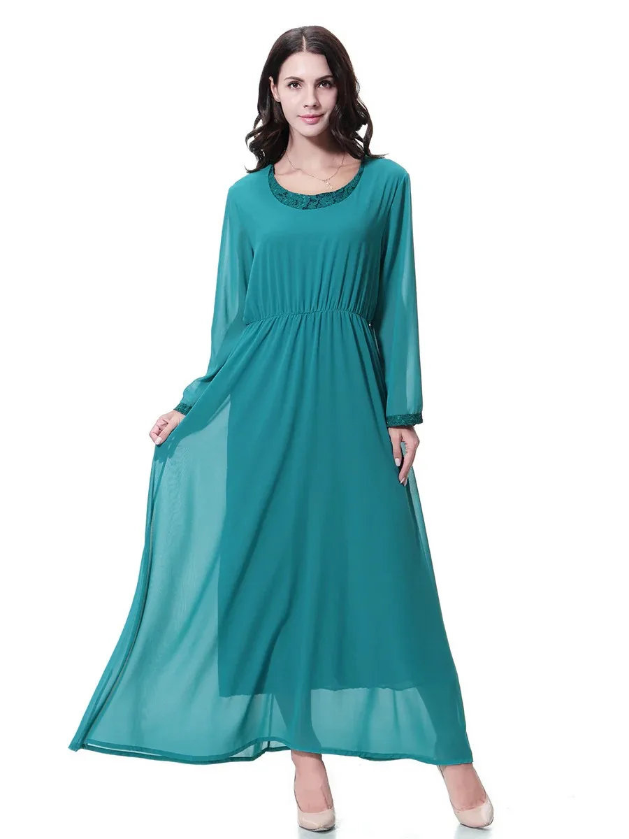 Robes modestes en mousseline de soie à col rond pour femmes – Robe longue fluide élégante à manches longues pour les musulmans, les voyages, la soirée et les occasions spéciales
