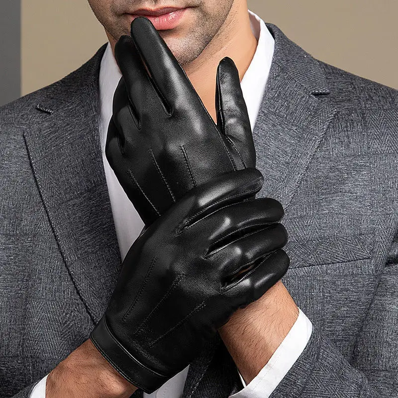 Guantes de cuero auténtico para hombre, manoplas de piel de oveja auténtica con pantalla táctil, finas y cálidas, para conducir, color negro,