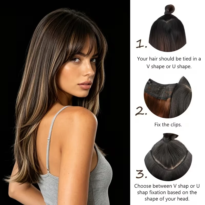 Extensión de cabello sintética de 22 pulgadas en V, capas largas y lisas, invisible, aumenta volumen, estilo perezoso de moda 5