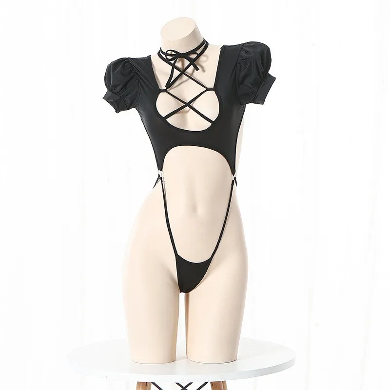 

Anime Outfit Puff Sleeve Open Lingerie Cross Straps Teddy Bodysuit Swimwear Uniform Sexy Women Lingerie Suits Pool Party Cosplay